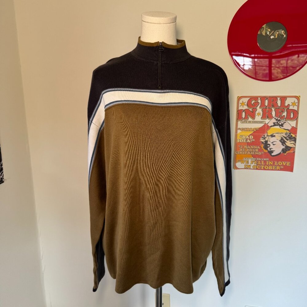 Vintage American Eagle Blue and Green Quarter-Zip Striped Long Sleeve Top